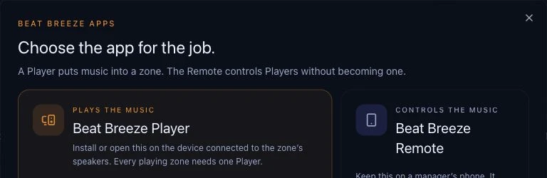 Beat Breeze app chooser separating the venue Player from the manager Remote app